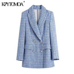 Women Fashion Double Breasted Tweed Cheque Blazers Coat Long Sleeve Pockets Female Outerwear Chic Veste 210420