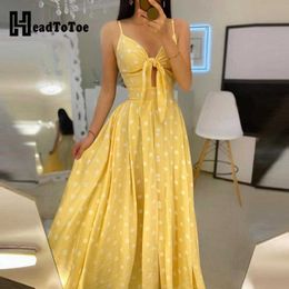 Spaghetti Strap Polkadot Print Knotted Design Maxi Dress Women Summer Dress Y0726