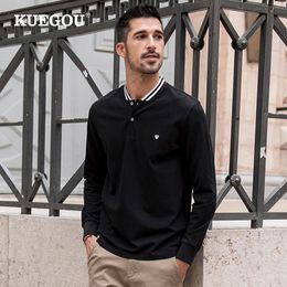 KUEGOU 100% Cotton Autumn Spring Clothing Mens T-shirt Simple Embroidery Fashion Long Sleeve tshirt White Top Plus Size 88099 210524