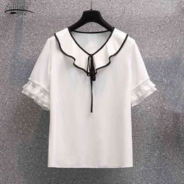 Summer Elegant Ruffle V-neck Short Sleeve Chiffon Blouse Women Korean Loose Slim Fit Tops Chemisier Femme 14266 210521