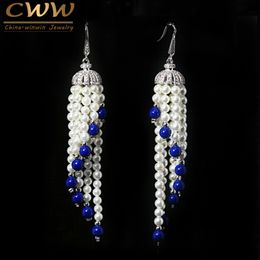 Dangling Tassel Shape Zircon Stone Pave Long Chandelier Drop Pearl Earrings Jewellery for Women Wedding Party CZ194 210714