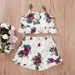 Summer Infant Rompers Clothes Strap Print Floral Tops Ruffles Short Pants Cute Girls 2 pcs Sets Baby Costume 1-5T 210629