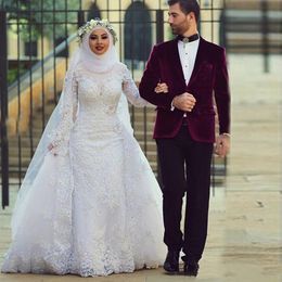 Modest Islamic Mermaid Wedding Dress With Detachable Train illusion Long Sleeve Lace Appliques Beaded Muslim Bridal Gowns 2021 Spring Summer Bride Formal Wear