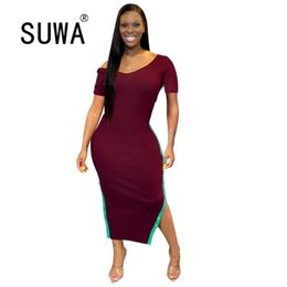 Side Single-Breasted Elegant Work Wear Women Dresses Summer Recommend Style Short Sleeve Bodycon Midi Dress 210525
