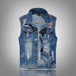 Ripped Jean Jacket Men's Denim Vest Hip Hop Jean Coats Waistcoat Men Cowboy Brand Sleeveless Jacket Male Tank Plus Size M-5XL