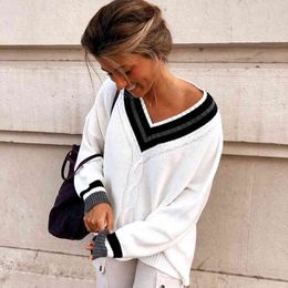 Striped Oversize Female Knitted White Sweaters For Women Pulovers Ladies Winter Jumper Autumn V Neck Long Sleeve Warm Top 210415