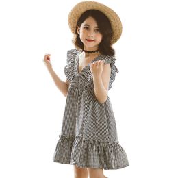 Dress For Girls Plaid Pattern Girls Summer Dresses V -Neck Kids Dress Sleelvess Clothes Girl 6 8 10 12 15 Q0716