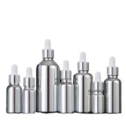 UV Shiny Silver Glass Serum Essential Oil Bottle Cosmetic Packaging Rubber Dropper Vials White Top 5ml 10ml 15ml 20ml 30ml 50ml 100ml Refillable Container