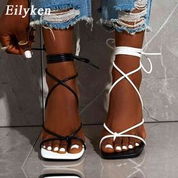 Eilyken New Fashion Sexy Lace Up Women Sandals Square Toe Thin Heel Cross Tied Party Shoes High Heel 9CM Black White Size 35-42 Y0305