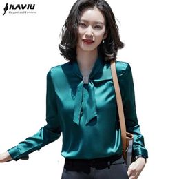 Green Shirt Women Loose Retro Fashion Elegant Long Sleeve Bow Formal Blouses Office Ladies Interview Work Tops 210604