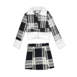 Women Black White Plaid Tweed Jacket Mini Skirt Zipper Pencil 2 Two Piece Set Suit Elegant Winter Faux Lamb Wool T0078 210514