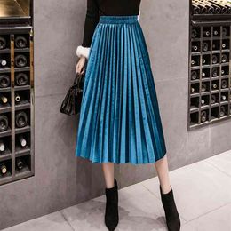 Autumn Winter Velvet Skirt High Waisted Skinny Large Swing Long Pleated Skirts Metallic Plus Size 3XL Midi Saia 210419