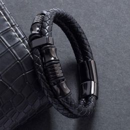 fechos para pulseiras de cordão Desconto Jóias dos homens preta de aço inoxidável fecho de pulseira de moda pulseira punk bracelete de corda de couro tecido punk