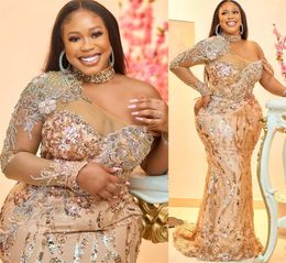 Aso Ebi 2021 Arabic Plus Size Gold Mermaid Sparkly Evening Dresses Beaded Lace Sexy Prom Formal Party Second Reception Gowns ZJ326
