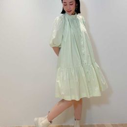 Japan Style Solid Puff Short Sleeve Stand Collar Women Dresses Simple Summer Loose Vestidos All Match Soft Moda Robe 210525