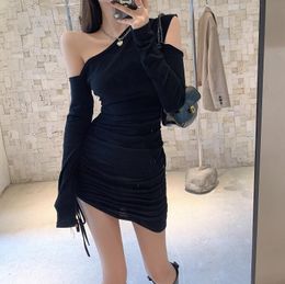 Autumn winter Stiletto off-the-shoulder Collared Long sleeved Black Dress Irregular Pullovers Sexy Dresses 689F 210420