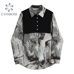 Women's Tie Dye Cardigan Blouses With Shawl Tops Sets Streetwear Fashion Oversized Long Sleeve Shirts Mujer Grunge Tide Blusas 210417
