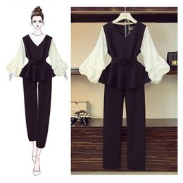 2020 Spring Autumn Korean Women Sexy V Neck Sashes Slim Shirt+Calf Length Pencil Pant Suit Female Plus Size 4XL Outfit Sets Z270 X0428