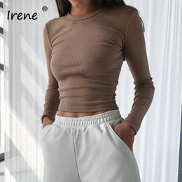 Irene Y2K Brown Tops Rib Woman TShirts Solid O Neck Crop Top Sexy Tee Shirts White Black Casual Basic Long Sleeve Shirts Y0629