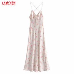 Tangada Women Flower Print Satin Long Dress Strap Sleeveless Fashion Lady Sexy Dresses Vestido 3H481 210609