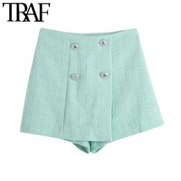 TRAF Women Chic Fashion With Buttons Tweed Shorts Skirts Vintage High Waist Side Zipper Female Skorts Mujer 210415