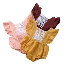 Newborn Girls Clothes Flying Sleeve Baby Rompers Lace Toddler Princess Jumpsuits Solid Infant Climbing Clothes Summer Baby Clothing DW5086