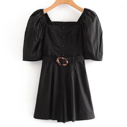 Women's Jumpsuits & Rompers RR Summer Slim Square Collar Women Fashion Black Jumpsuit Elegant Tie Belt Waist Female Ladies FH