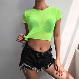 Sexy Summer T Shirt Casual Neon Green Crop Top Mesh Solid Short Sleeve Female T-shirt Transparent tshirt Tees 210517