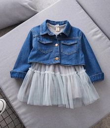 Sets Baby Girls Autumn Clothing Suits New Jeans Jackets and Solid Mesh Dress Children Long Sleeve Princess Outfits