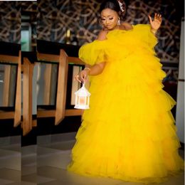 Bright Yellow African Prom Dresses Ball Gown Tiered Tulle Off The Shoulder Dubai Women Evening Dress Black Girls Formal Party Gowns