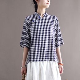 Johnature Women Plaid Blue Shirts And Tops Stand Vintage Blouses Summer Cotton Linen Clothes Button Seven Sleeve Shirts 210521