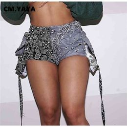 CM.YAYA Summer Women Bandana Paisley Print Patchwork with Pocket Safari Style Shorts Biker Fashion Fitness 210722