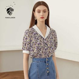 FANSILANEN Puff sleeve floral print vintage blouse shirt Women v neck black polka dot casual top Female summer chiffon 210607