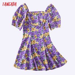 Tangada Women Purple Floral Romantic Dress Square Collar Short Sleeve Females Mini Dresses Vestidos 6H98 210609