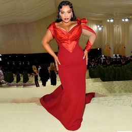 African Nigerian Fashionable Chic Red Plus Size Mermaid Evening Dresses V Neck Celebrity Gowns Satin Sweep Train Formal Dress Robe De Mariee