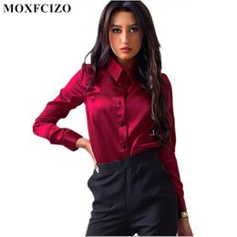 Blusa Women Blouse Elegant Wine red Green Satin Shirt Turn Down Collar Longth Sleeve Female Formal Office OL Blouse Women Tops 210412