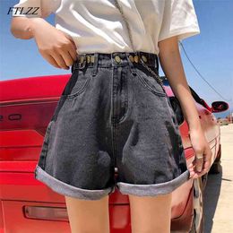 Summer Vintage Women High Waist Button Blue Denim Shorts Casual Female Solid Color Wide Leg Loose Gray Jeans 210430