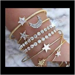 Drop Delivery 2021 Fashion Designer Brand Four-Piece Set Bangle Shining Crystal Rhinestone Star Moon Charm Open Bracelets Women Fine Jewellery