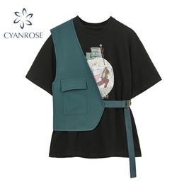 Summer 2 Piece Set For Women Black Short Sleeve T Shirt+Sashes Pocked Green Vests Streetwear Fashion Top Match Female 210515