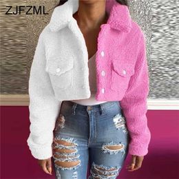 Yellow Blue Color Block Spliced Crop Jackets Women Casual Turn Down Collar Long Sleeve Coat Fall Winter Button Pocket Outwears 211112