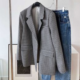 Korean Black White Plaid Oversized Blazer Coat Women's Spring Autumn Long Sleeve Loose Suit Jacket Office Lady 210607