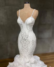 Spaghetti Crystal Mermaid Wedding Dresses Beading Ruffles Chapel Long Train Appliqued Bridal Gowns vestido de noiva 2021235M