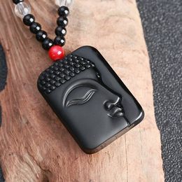 Obsidian Stone Half Face Buddha Head Sweater Chain Necklace Ward Off Bad Necklace