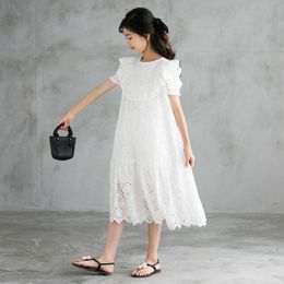 2021 New Children Kids Cotton Dress Girl Midi Dress Beach Dress Hollow Out Summer Teen Clothes Two Layers Not Transparent,#3858 Q0716