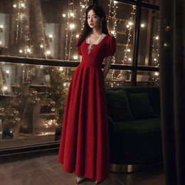 Ethnic Clothing Backless Pearl Chinese Dress Bowknot Puff Sleeve Cheongsam Retro V-neck Lace Collar Qipao Burgundy Sexy Banquet Robe De Soir