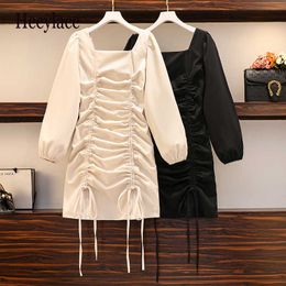 Plus Size Women Autumn Winter vintage Dress Soild Square Colar Long Sleeve Elegant Korean High Waist bodycon bandage Dresses Y1006