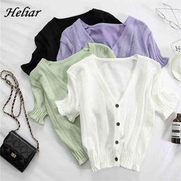 HELIAR T-shirts Women V-Neck Button Up Tees Short Sleeve Casual T-shirts Knitted Cadigans Crop Tops For Women Summer Tee 210406