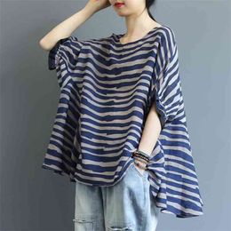 Plus Size Korean Tshirt Summer Style Women Batwing Sleeve Loose O-neck thin Striped Tee Shirt Femme all-matched Casual Tops D406 210512