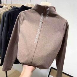 Women's Pullover Plush Korean Style Stretch Casual Fashion Slim High-neck Warm Female Solid Colour T Shirt Autumn Winter 211011