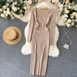 2021 herbst neue design frauen quadrat kragen langarm einfarbig bodycon tunika sexy midi lange bleistift gestrickte kleid